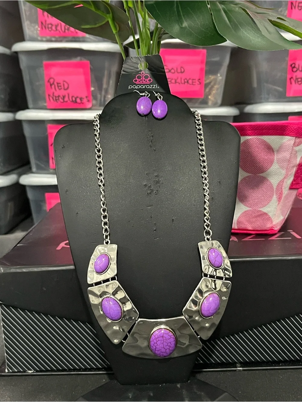 paparazzi Silver-Tone Necklace and Purple Stone Studs